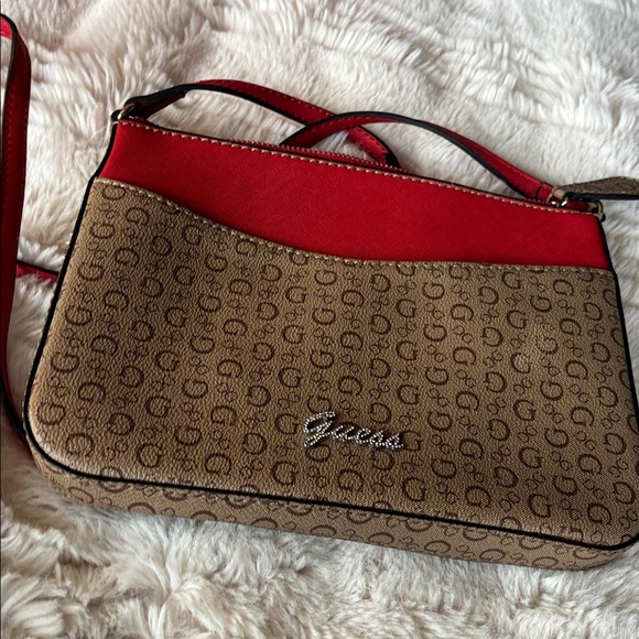 Guess Red and Tan pebbled Crossbody Bag silver jeweled logo purse - Picture 11 of 11
